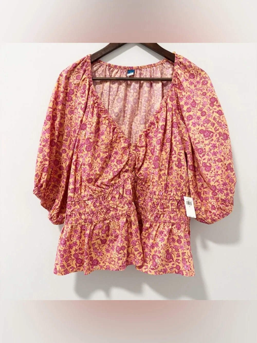 Old Navy Floral Puff-Sleeve Peplum Blouse Womens 2X V-neck Smocked Cottagecore